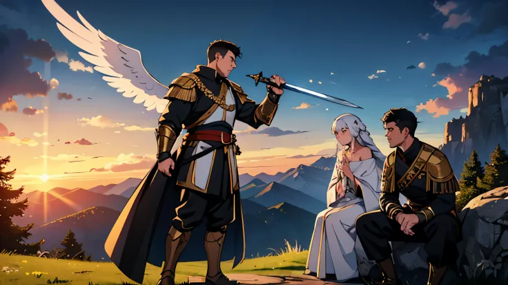 (best quality, hdr, masterpiece: 1.2, sidelighting, 4k, wide view), (1boy and 1girl), an image of the mountainous forest overlooking the twilight sky, an aged 32 male soldier of the Roman Empire in black and gold mail armor, raising his sword upwards with ...