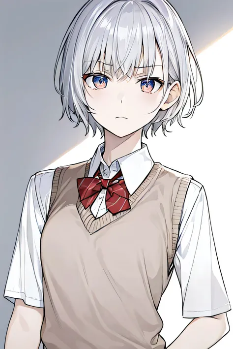 ​masterpiece, top-quality, 1girl in, Uniforms, red tie, cream sweater vest, pale blue shirt, A serious face, A silver short-haired, shoulder length, golden eyes