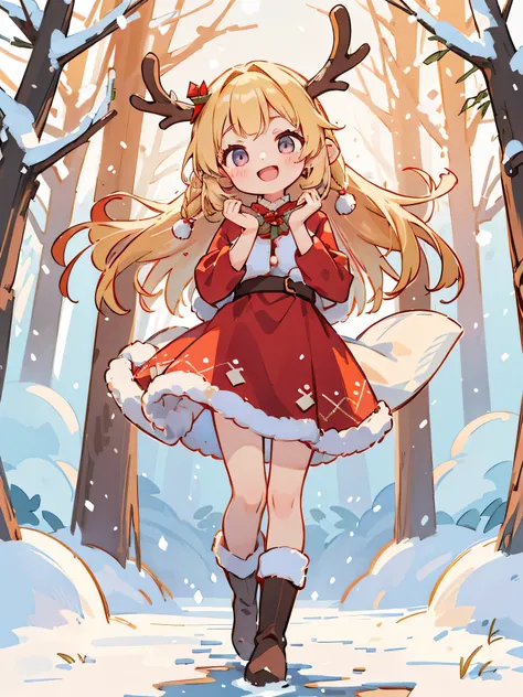  is in front of the photo 、 1 girl,Full body, blond long hair ,ankle high boots, Open mouth and big smile、cute pose、 flowing iridescent silk 、 close-up of face ,red long christmas dress  ,  reindeer antler  、 standing, Snow scene、Season !!: winter