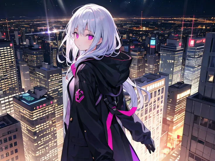  high definition , looking down at the glittering city , neon light,Night view, from above a building, Silver Hair,Shiny Hair, shortcuts, black long coat ,Purple Eyes,glowing eyes 