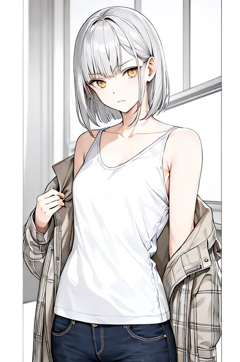 ​masterpiece, top-quality, 1girl in, casual clothes, A serious face, A silver short-haired, shoulder length, bangs slip in half, golden eyes