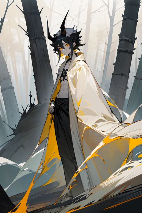 Masterpiece Quality, Perfect Generation, Sclera, Skin, , , Pale Skin, Long Black Horns, Long Black Messy Spiky Hair, Arrancar Clothin, In The Middle Of A Dead Forest, full body, facing viewer, young , short, male, standing, , teen, Detailed Eyes, Yellow Ey...