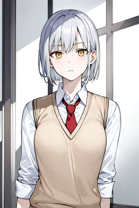 ​masterpiece, top-quality, 1girl in, Uniforms, red tie, cream sweater vest, pale blue shirt, A serious face, A silver short-haired, shoulder length, golden yellow eyes