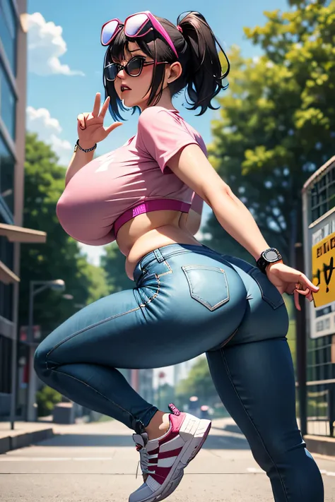 Sexy, anime, Chubby, 1Girl, big tits, big ass, sunglasses,  have V-shaped abs, work out, Sweaty a lot, wear long jeans, sport bra, underwear, short hair, colorful hair, Thin cartoon shirt, random nature beautiful location, random action pose, adidas shoes,...