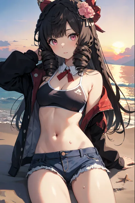 solo、 1 girl、Human Ear、(Red eyes)、(Villain、 is short、 flat chested)、(Vertical Roll、Vertical Roll、Long Hair、 hair tied at the back of the head with a big red ribbon、Flower hair ornament on the front )、( No Emotion)、( lying on your back on an air mattress )、...