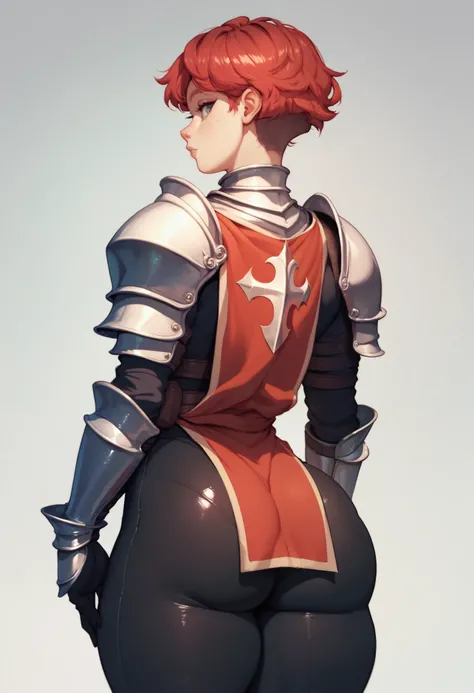 solo femboy, knight armor, short red hair, freckles, thick thighs and fat toned ass, black spandex pants, long tabard, back facing