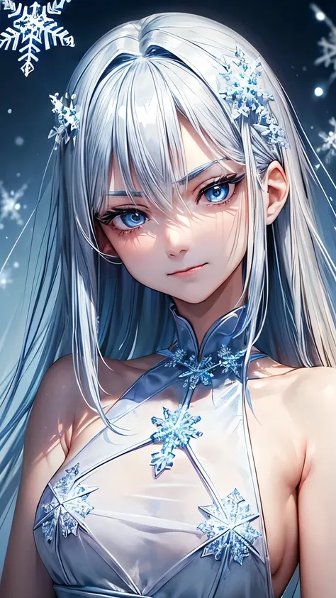 A 35 year old very white skin Japanese lady (( very slender body and extra very small breast:1.3 )),((shiny blue color hair:1.5))((extra very short straight smooth hair))((much amount of straight asymmetrical forelock:1.6)),((snowflake pattern casual dress...