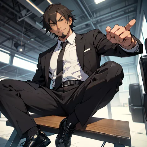 20 years old,,Simple white shirt、black tie,  black slim pants 、Cool fighting pose ,Spread your legs wider,black belt,Black socks,Black leather shoes,logic, Gay ,Brown Hair, Shorthair, thick eyebrows,Stubble, Lightly Set Your Hair with Wax , Hachiman Hachim...