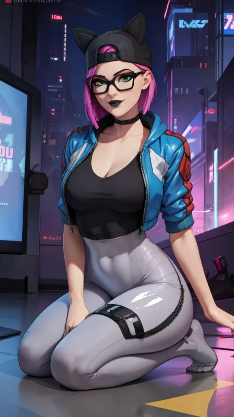 ✨1 girl,black lips,choker,spiked choker, Night, (masterpiece) evening (Cyberpunk Night)(Best Quality) gaming ,(Alone) full body ,sitting on the floor ,looking at the viewer, high detailed,extremely detailed, fine green eyes,mischievous smile ,short pink ha...