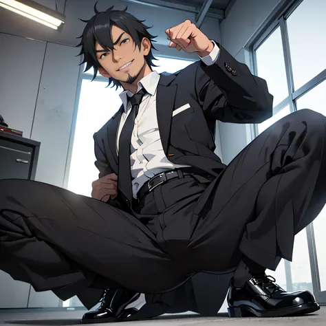 20 years old,,Simple white shirt、black tie,  black slim pants 、Cool fighting pose ,Spread your legs wider,black belt,Black socks,Black leather shoes,logic, Gay , black hair, Shorthair, thick eyebrows,Stubble, Lightly Set Your Hair with Wax , Hachiman Hachi...