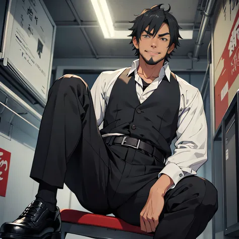 20 years old,,Simple white shirt、black tie,  black slim pants 、Cool fighting pose ,Spread your legs wider,black belt,Black socks,Black leather shoes,logic, Gay , black hair, Shorthair, thick eyebrows,Stubble, Lightly Set Your Hair with Wax , Hachiman Hachi...