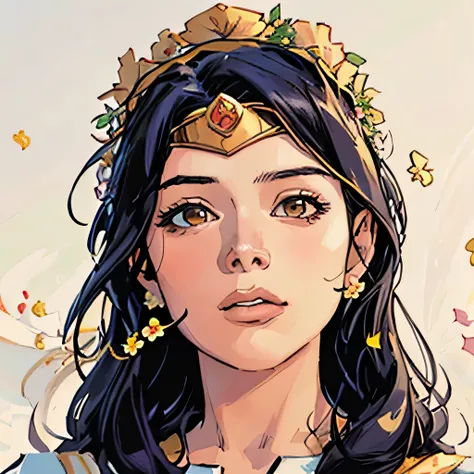 there is a woman with a flower crown on her head, flower goddess, covered with flowers, flower storm portrait, flower queen, female portrait with flowers, flowers on heir cheeks, flower , with flowers, persephone in spring, she has a crown of flowers, the ...