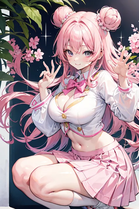  one woman,  Pink Hair, Improve, Canine, Aquamarine Eyes,  Double Bang , 
belly button, Manicure,   curly long hair  ,  Neat White Uniform , Smiling Eyes, Laugh brightly, Crouching Cleavage , cute,  Short Pink Skirt,  plump breasts 