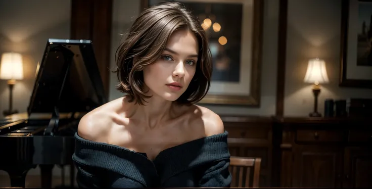 Cri is sitting at a grand piano in a cozy, warmly lit room filled with books. She has short bob brown hair. Her side profile is clearly visible, with her body and head turned away from the viewer. Her eyes are completely focused on the piano keys, looking ...