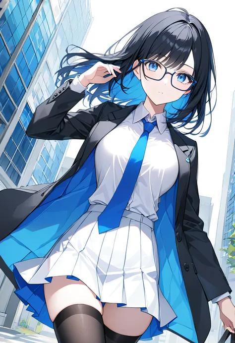 1 girl, mommy, adult, has long black hair with blue in it, wearing square glasses, blue eyes, pale skin, wearing a white shirt with a blue tie, white short skirt, black stockings, wearing a black suit with blue inside, outside, simple art, (detailed), ((be...