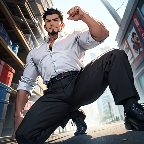 20 years old,,Simple white shirt、black tie,  black slim pants 、Cool fighting pose ,Spread your legs wider,black belt,Black socks,Black leather shoes,logic, Gay , black hair, Shorthair, thick eyebrows,Stubble, Lightly Set Your Hair with Wax ,,Masculine,sala...