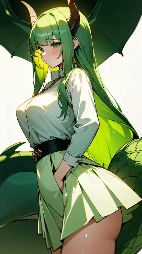 a beautiful young woman with long green hair, green dragon horns, and a green dragon tail, wearing a long white skirt and a white shirt, standing in a white background, sensual, ultra-detailed, 8k, photorealistic, masterpiece, dramatic lighting, vivid colo...