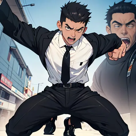 20 years old,,Simple white shirt、black tie,  black slim pants 、Cool fighting pose ,Spread your legs wider,black belt,Black socks,Black leather shoes,logic, Gay , black hair, Shorthair, thick eyebrows,Stubble, Lightly Set Your Hair with Wax ,,Masculine,sala...