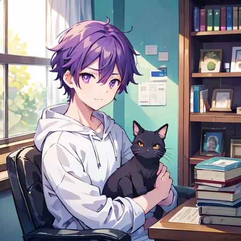 1 boy ，purple hair， shorthair, purple eyes， wearing a white hoodie ,   a wooden desk and a potted plant  .  a handsome young man...