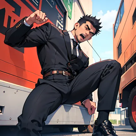 20 years old,,Simple white shirt、black tie,  black slim pants 、Cool fighting pose ,Spread your legs wider,black belt,Black socks,Black leather shoes,logic, Gay , black hair, Shorthair, thick eyebrows,Stubble, Lightly Set Your Hair with Wax ,,Masculine,sala...