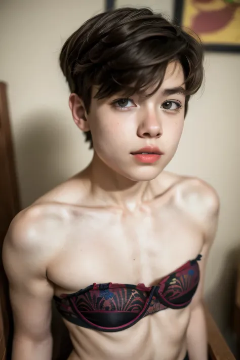 kecil Femboy berambut very  Shorthaircut bogel, half body portrait. Highly detailed quality, naked flat breasts. thick (nipples thick:0.050), kain batik sarong & micro strapless bra, (red lipstick), half naked body, (Arm Muscles:1.15)