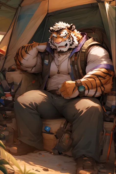 Fuzzy, Tiger, man, only,  muscular,  handsome , camper, hiking clothes, Pants bump , large campground, Tent, Kamin,  high quality,  high resolution,  detailed face 