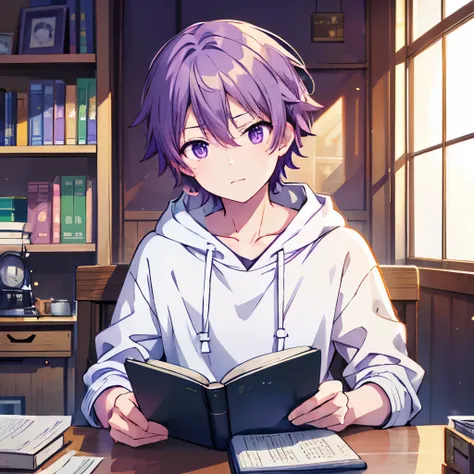 1 boy ，purple hair， shorthair, purple eyes， wearing a white hoodie ,   a wooden desk and a potted plant  .  a handsome young man...