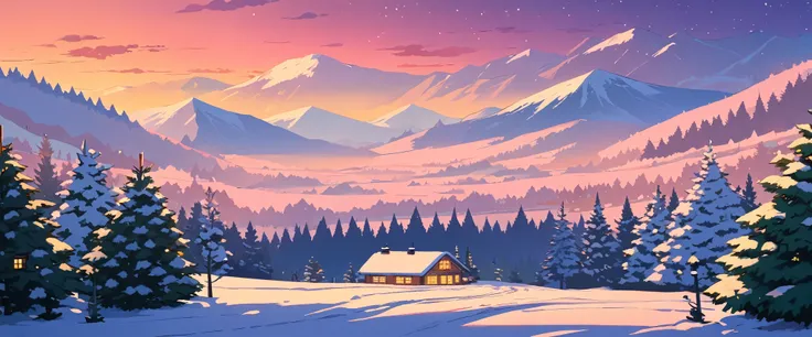 Christmas vibes ultrawide ,cozy ,lofi ,landscape ,forest ,mountain