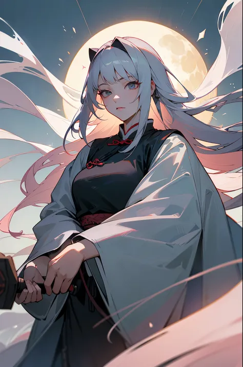 Masterpiece, Best, Night, Full Moon, 1 Female, Mature Woman, Chinese Style, Ancient China, Elder Sister, Royal Sister, Cold Face, Expressionless, Silver White Long Haired Woman, Light Pink Lips, Calm, Intellectual, Three Bangs, Gray Hitomi, Assassin, Long ...