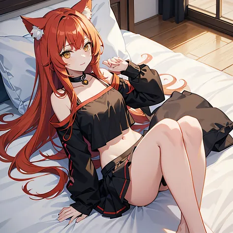 1 cute anime catgirl, 18 yo, Solo, anime, red hair, messy hair, yellow eyes, black top with criss cross straps, toned legs, athletic legs, midriff, short red skirt, cat ears, laying on a bed, relaxing, look of adoration, Japanese bedroom, fluffy black and ...