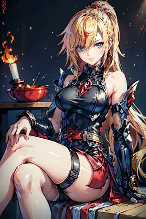 (masterpiece, best quality:1.2), red glowing eyes, red eyes, the eyes are red, perfect face, strong make up, highres, 1 girl, ultra long ponytail, (female:1.5), strife, blonde hair streaked with lots of red highlights, two colors hair (blond and red), high...