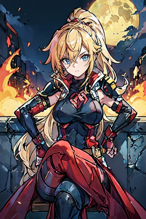 (masterpiece, best quality:1.2), red glowing eyes, red eyes, the eyes are red, perfect face, strong make up, highres, 1 girl, ultra long ponytail, (female:1.5), strife, blonde hair streaked with lots of red highlights, two colors hair (blond and red), high...