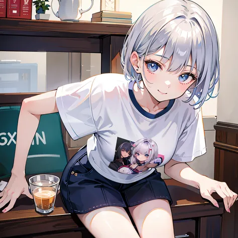 (masterpiece), (best quality), (ultra detailed), 1 girl, 20 years old , leaning forward, t-shirt, short hair, silver hair, smile