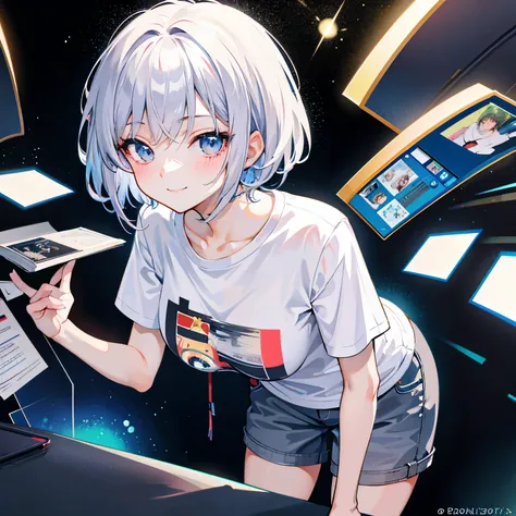 (masterpiece), (best quality), (ultra detailed), 1 girl, 20 years old , leaning forward, t-shirt, short hair, silver hair, smile