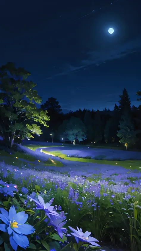 night, clear sky, Small Full Moon, Bright moonlight, Blue flowers ,  flowers reflect the moonlight,  no people , landscape, garden,  Best Quality,  Masterpiece,  Fantastic , comepletly blue