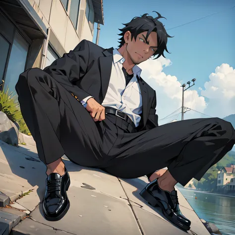 Age 30,father, Simple Black Single Suit , Riverbank、 cm apart ,Spread your legs wider,black belt,Black socks,Black leather shoes,logic, Gay , black hair, Shorthair, thick eyebrows,Stubble, Lightly Set Your Hair with Wax , Hachiman Hachiman,Masculine,salary...