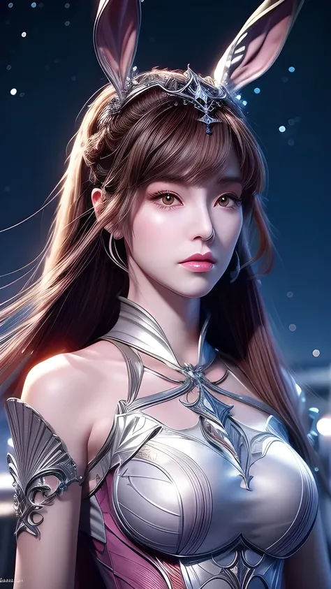  close-up：A woman with rabbit ears 、 holding a sword, Ocean Queen Mu Yanling , Portrait of a Knight Girl of the Twelve Constellations,  lineage 2 revolution style , Smooth Anime CG Art, Game CG,  A beautiful fantasy queen ,  intricate and exquisite anime-s...