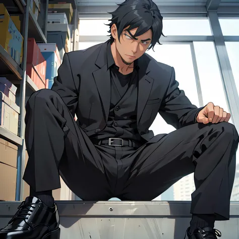 Age 30,father, Simple Black Single Suit , Riverbank、 cm apart ,Spread your legs wider,black belt,Black socks,Black leather shoes,logic, Gay , black hair, Shorthair, thick eyebrows,Stubble, Lightly Set Your Hair with Wax , Hachiman Hachiman,Masculine,salary...