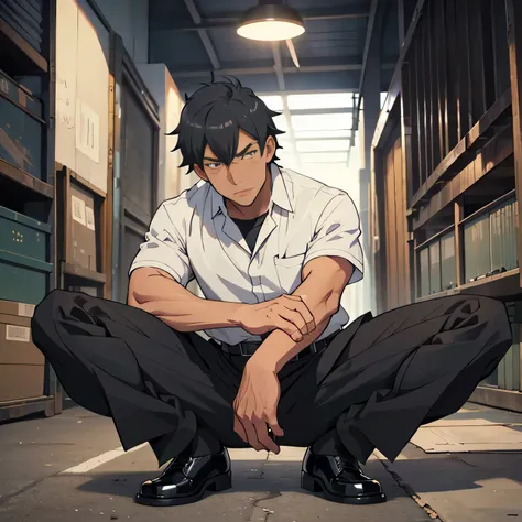 Age 30,father, Simple Black Single Suit , Riverbank、 cm apart ,Spread your legs wider,black belt,Black socks,Black leather shoes,logic, Gay , black hair, Shorthair, thick eyebrows,Stubble, Lightly Set Your Hair with Wax , Hachiman Hachiman,Masculine,salary...