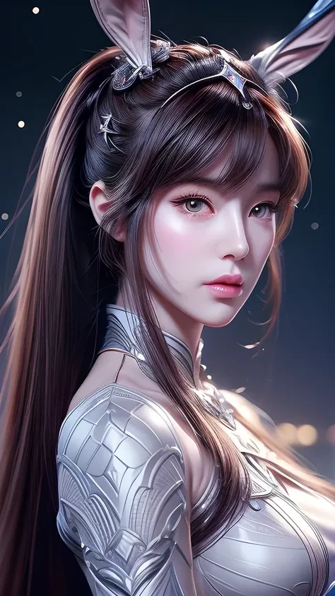  close-up：A woman with rabbit ears 、 holding a sword, Ocean Queen Mu Yanling , Portrait of a Knight Girl of the Twelve Constellations,  lineage 2 revolution style , Smooth Anime CG Art, Game CG,  A beautiful fantasy queen ,  intricate and exquisite anime-s...