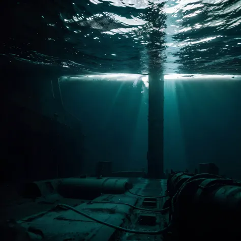 200 meters deep, dark ocean waters, sunken nuclear submarine in the darkness at depth,