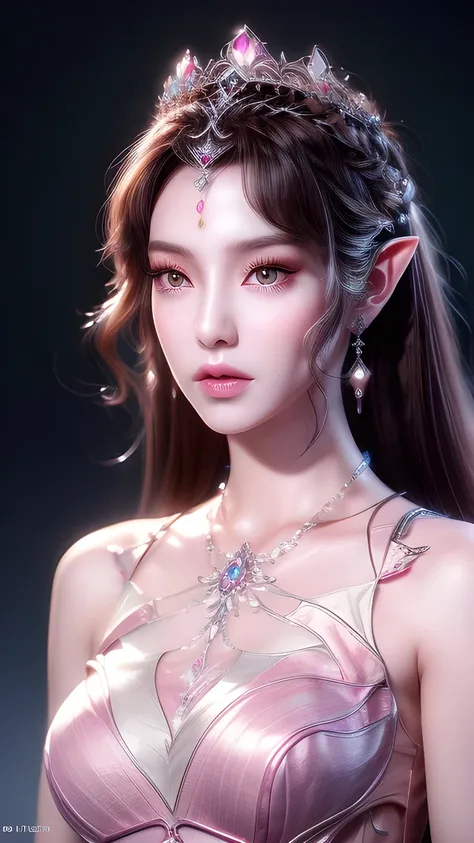 A beautiful elf queen ,  Extremely Detailed Face ,  beautiful and meticulous eyes , medium breasts， beautiful and detailed lips , Long eyelashes,  perfect skin, crown, Gorgeous pink jade jewelry,  Flowing Silk Dress ,closure_up,Exquisite makeup, is of the ...