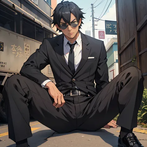 Age 30,father, Simple Black Single Suit , Riverbank、 cm apart ,Spread your legs wider,black belt,Black socks,Black leather shoes,logic, Gay , black hair, Shorthair, thick eyebrows,Stubble, Lightly Set Your Hair with Wax , Hachiman Hachiman,Masculine,salary...