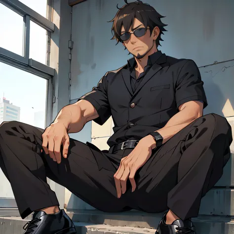 Age 30,father, Simple Black Single Suit , Riverbank、 cm apart ,Spread your legs wider,black belt,Black socks,Black leather shoes,logic, Gay ,Brown Hair, Shorthair, thick eyebrows,Stubble, Lightly Set Your Hair with Wax , Hachiman Hachiman,Masculine,salarym...