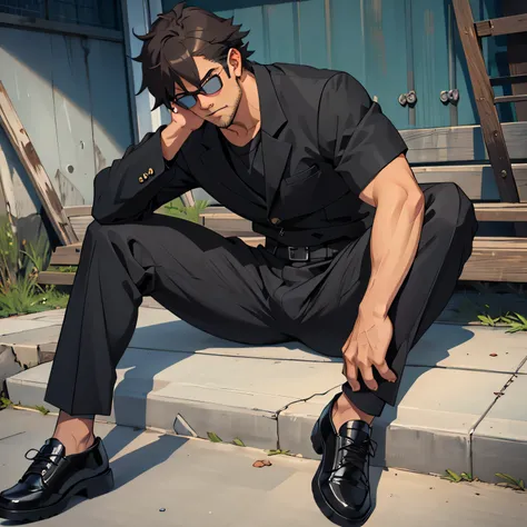 Age 30,father, Simple Black Single Suit , Riverbank、 cm apart ,Spread your legs wider,black belt,Black socks,Black leather shoes,logic, Gay ,Brown Hair, Shorthair, thick eyebrows,Stubble, Lightly Set Your Hair with Wax , Hachiman Hachiman,Masculine,salarym...