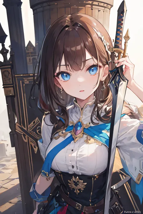 ((best quality)), ((masterpiece)), (ultra detailed face), 1girl, Castle, sword, elegant, background, , brown hair, blue eyes, full body