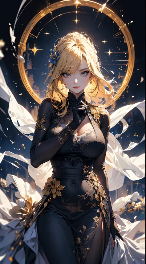 masterpiece, high quality, 4K, Beautiful design, silhouette,Blonde, Highly Detailed Starry Sky at Night,Flower Field, wonderful, Finer details, Very knowledgeable woman, Highly detailed solo, 1 female,Big Breasts,Tight Dress,Night view,Starry Sky,full moo...