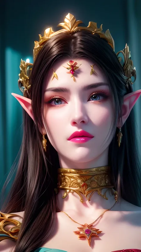 A beautiful elf queen ,  Extremely Detailed Face ,  beautiful and meticulous eyes, medium breasts， beautiful and detailed lips , Long eyelashes,  perfect skin, crown,  Gorgeous Gold Jewelry , turquoise flowing silk dress,closure_up,Exquisite makeup, is of ...