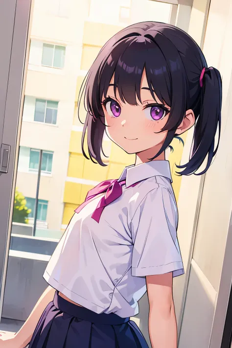  elementary school  toddler flat chest black hair 　 Short Twin Tails 　Purple Eyes　smile（（One person）） upper body pink short sleeve blouse 　 lower body blue pleated skirt 　 White Panties　 holding white socks （（ panties））　Apartment elevator front 　 standing　...