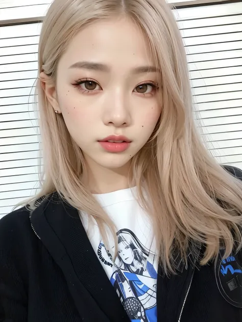 Close up of a person with long hair wearing a jacket, Parque Roseanne do Blackpink, jossi do blackpink, jennie blackpink, Retrato de Jossi de Blackpink, Heonhwa Choe, Jaeyeon Nam, wan adorable korean face, Parque Ji-min, TaeJune Kim, korean symmetrical fac...